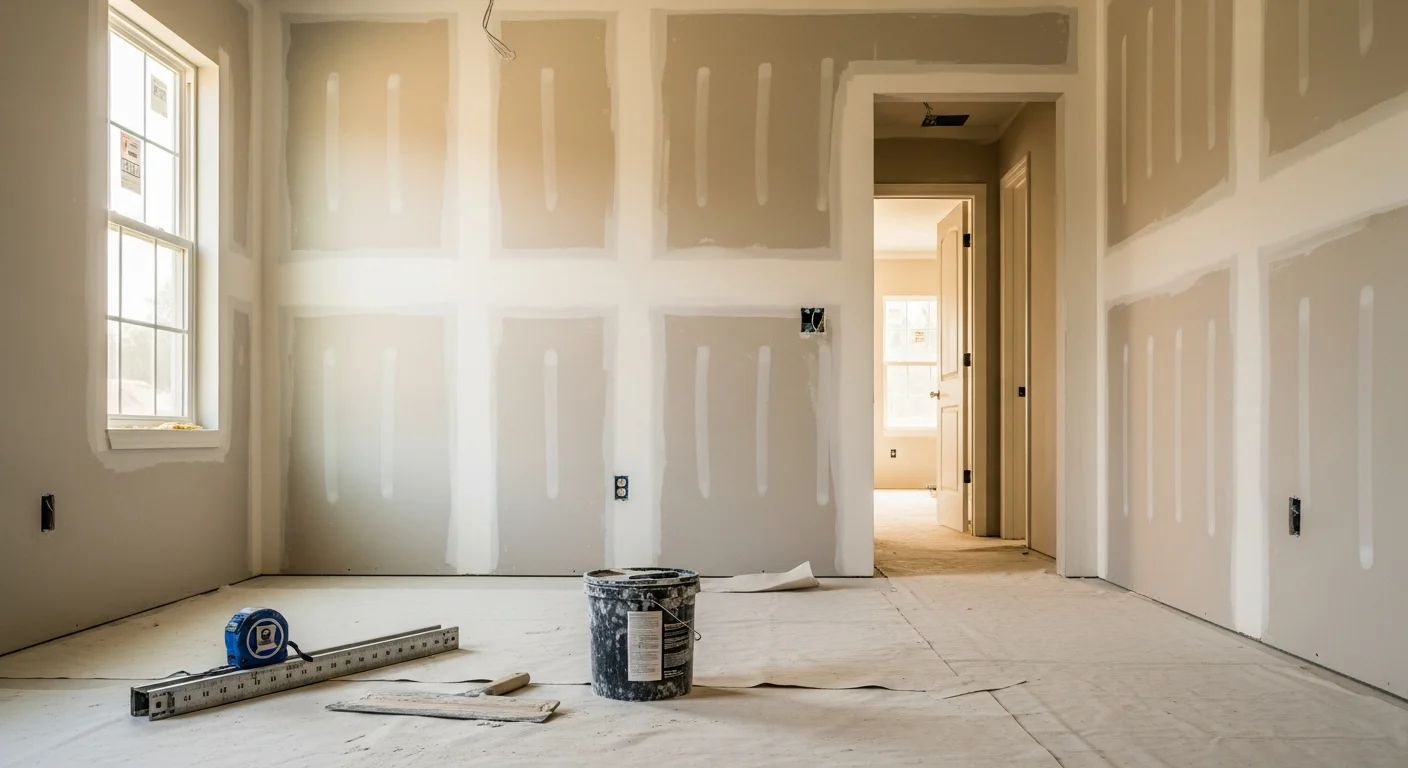 Drywall finishing and taping on interior wall construction