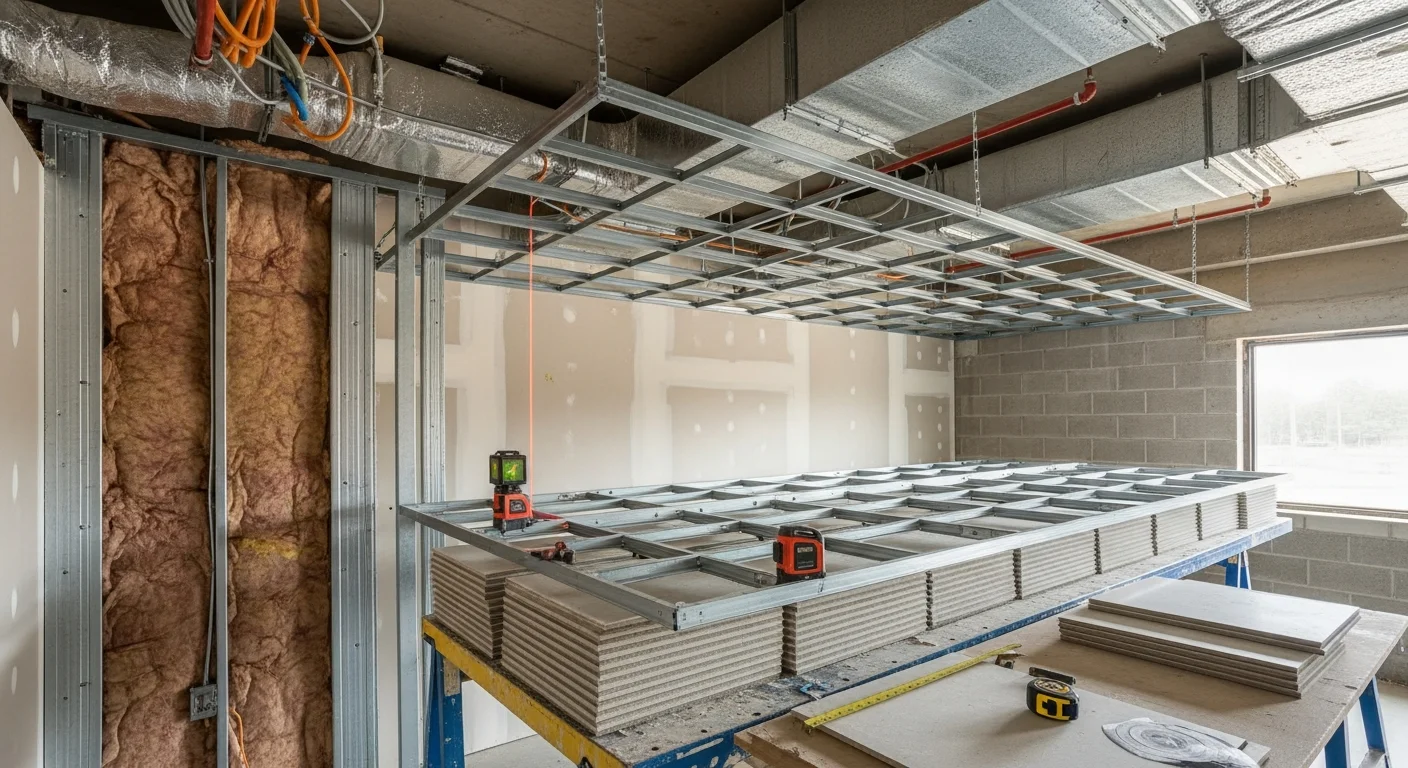 Freshly installed acoustical drop ceiling with a level suspension grid and white ceiling tiles in a commercial room in Northwest Georgia. The overhead grid lines run parallel and the tiles sit flush with no visible gaps.