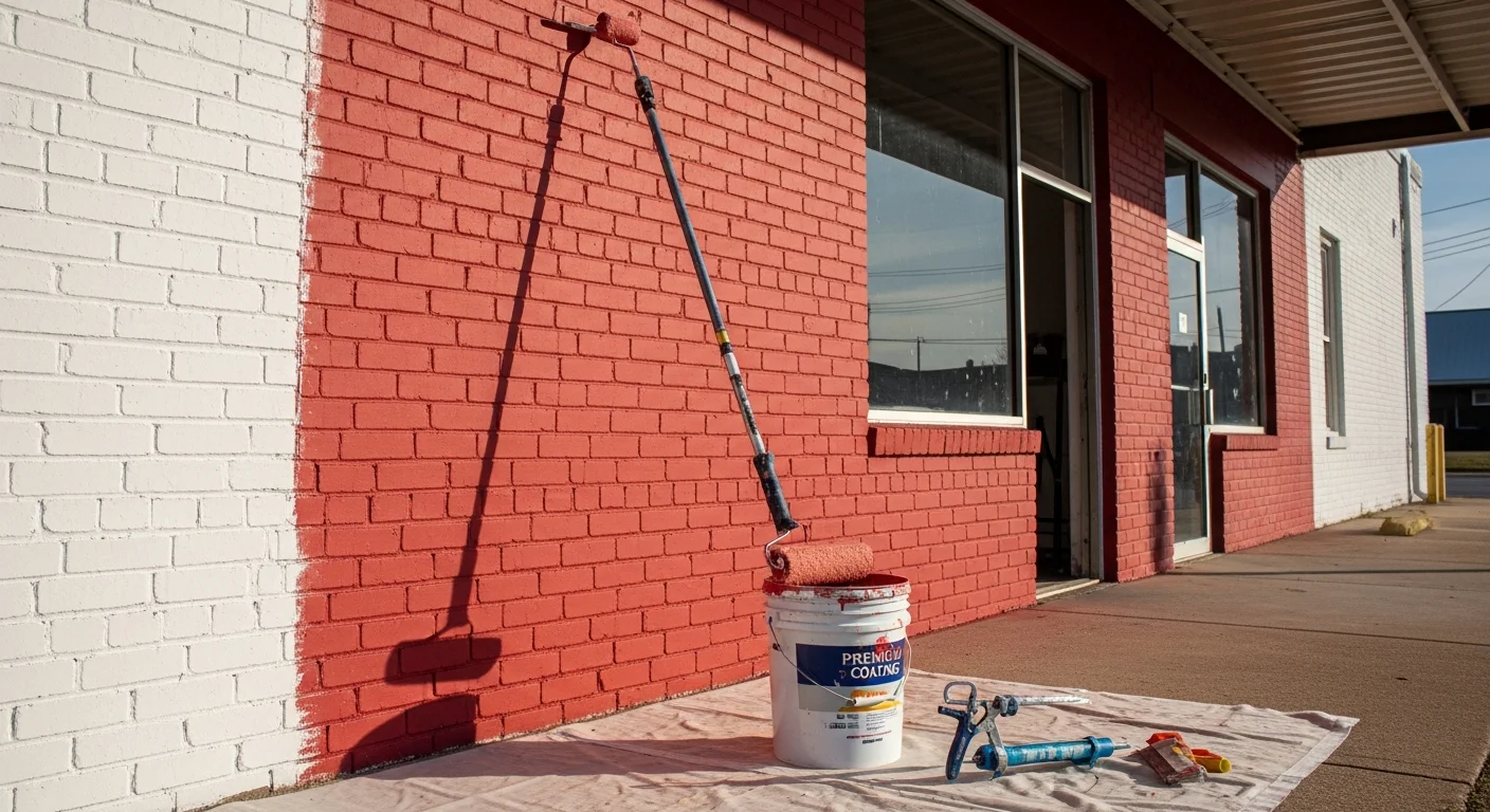 Freshly painted exterior of a commercial building in Northwest Georgia showing clean, even coating on concrete block walls. A painting contractor applies finish to the upper facade of a retail or warehouse structure under clear daylight conditions.