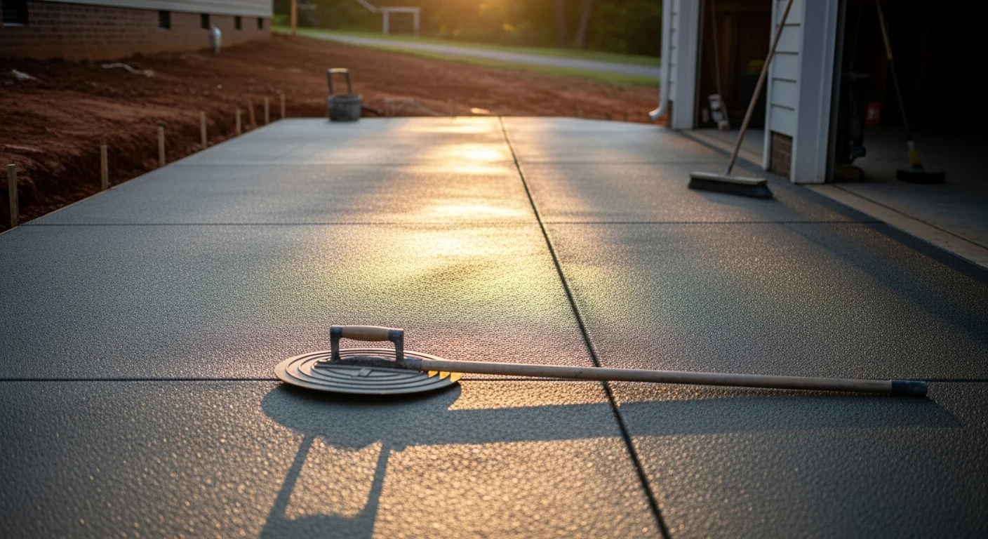 A freshly finished concrete garage floor inside a Northwest Georgia residential property, showing a smooth, uniform gray surface with clean control joints. The slab reflects overhead lighting evenly, with no visible cracking or surface defects.