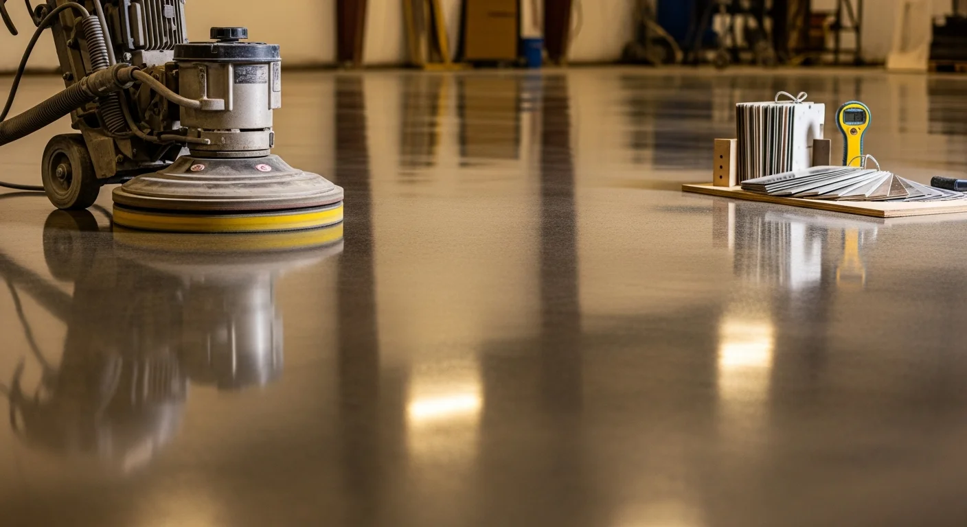 Polished concrete floor inside a Northwest Georgia commercial space, showing a smooth high-gloss surface with light reflection across a large open slab. The finished floor was completed by J 316 Construction LLC as part of a flooring contractor service in Northwest Georgia.