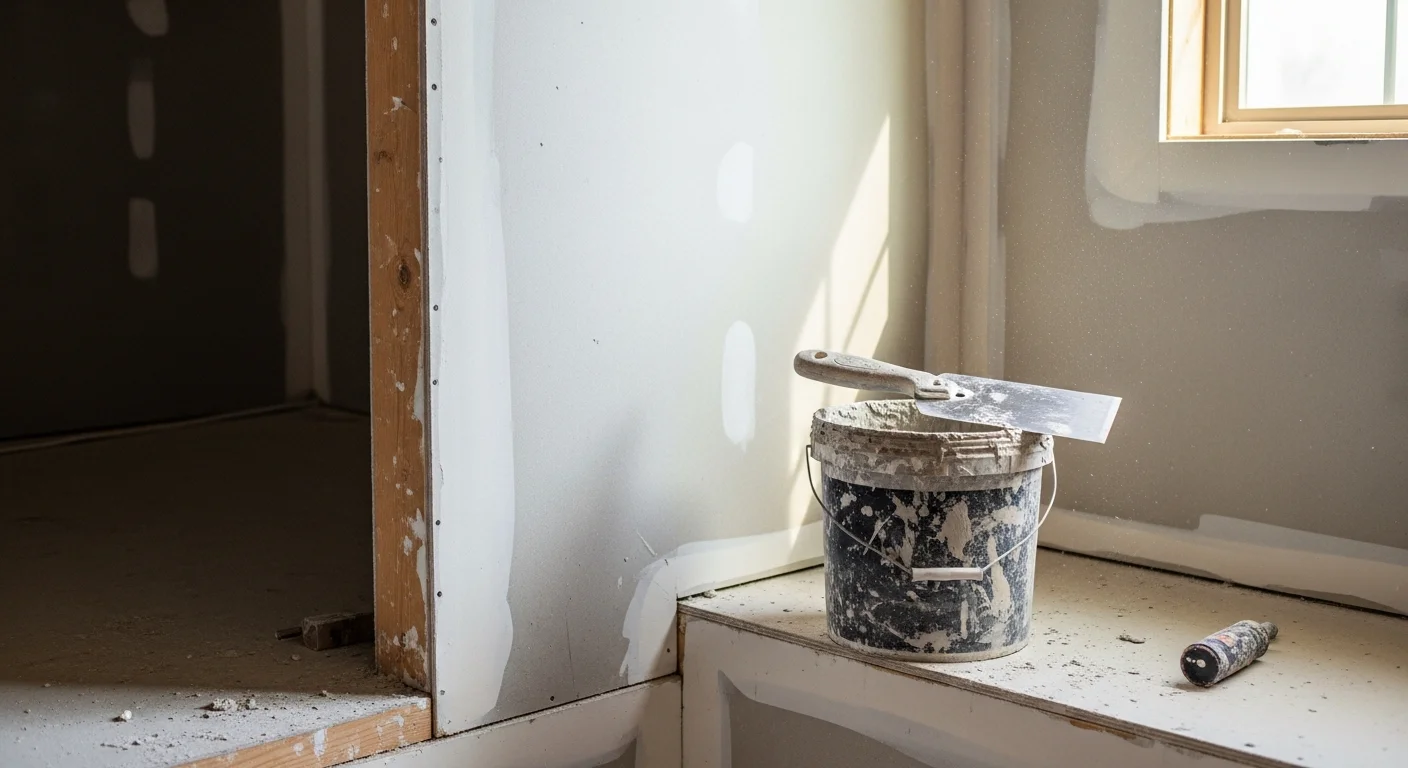 A freshly finished interior wall in a Northwest Georgia home showing smooth, sanded drywall seams ready for primer and paint. A J 316 Construction LLC crew member applies a final coat of joint compound to a ceiling corner during a new construction project.