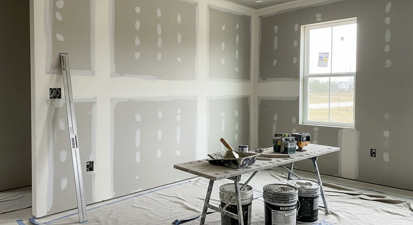 A Northwest Georgia residential interior showing freshly installed and taped drywall on walls and ceiling, ready for paint. A J 316 Construction LLC crew member smooths joint compound along a seam in a newly framed room.