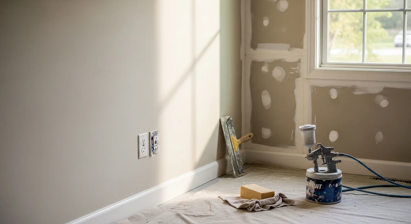 A freshly repaired and smoothed interior wall in a Northwest Georgia home, showing a seamless patch blended with the surrounding drywall surface. The repaired area is texture-matched and ready for paint.