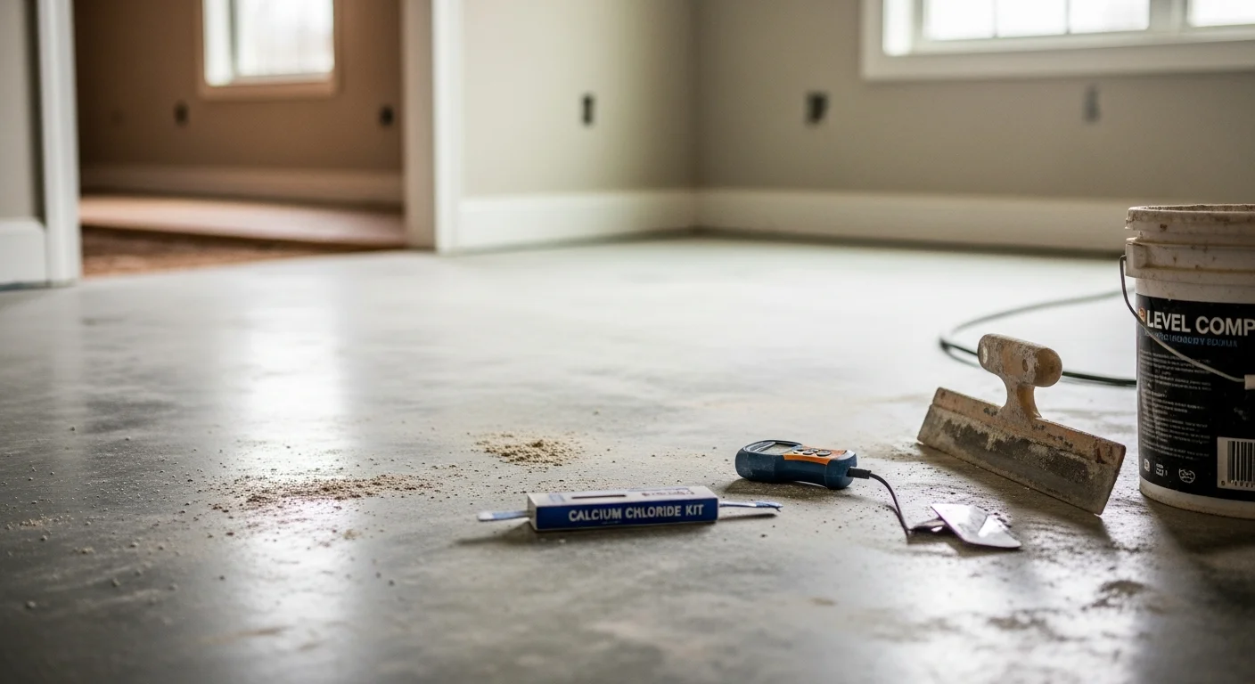 A flooring contractor inspecting and leveling a concrete subfloor inside a Northwest Georgia home before new flooring installation. The surface shows freshly applied leveling compound and a clean, debris-free work area ready for the next installation stage.