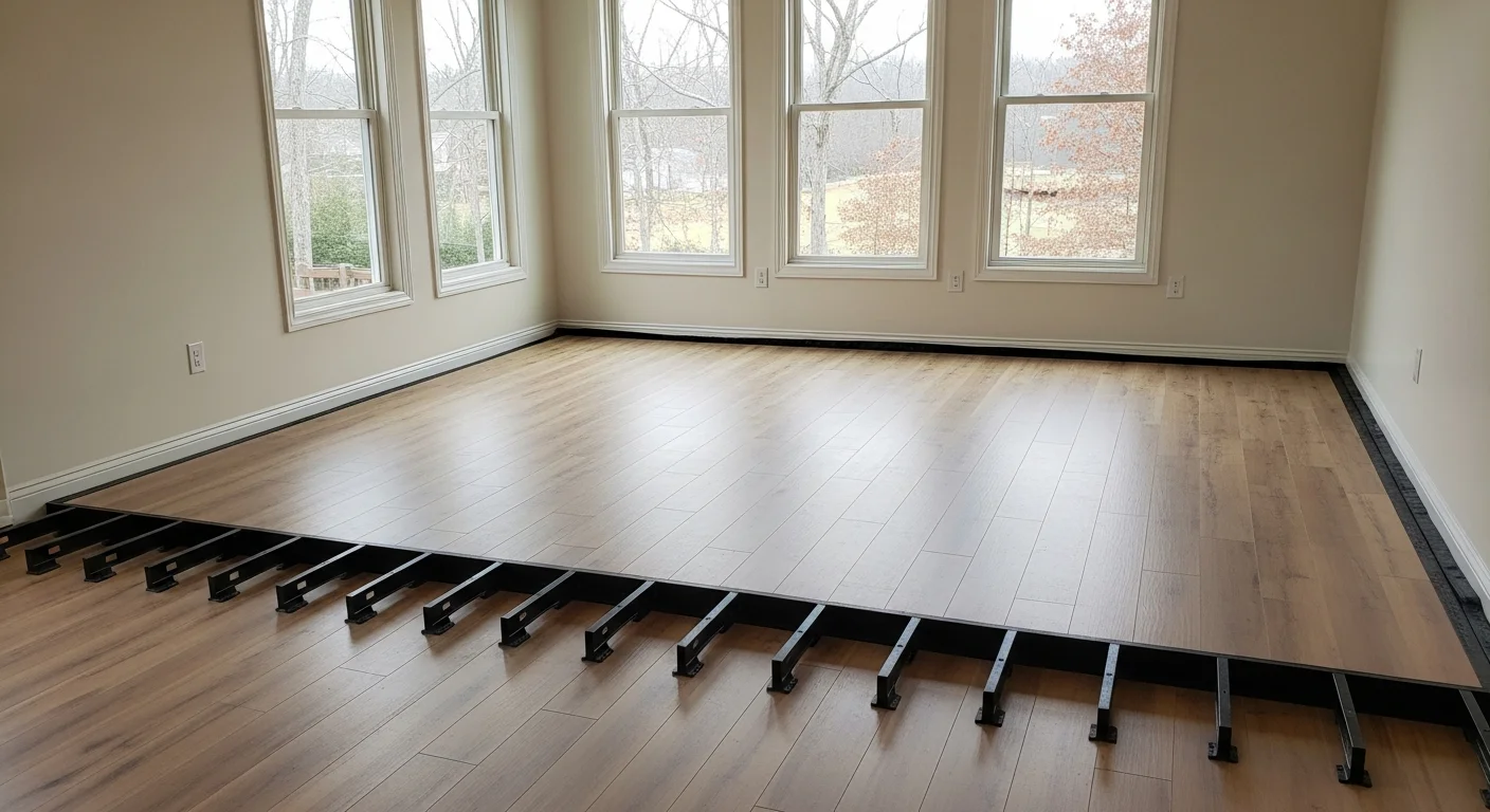 Freshly installed flooring in a Northwest Georgia home showing clean edge transitions and a consistent surface pattern across a main living area. A contractor from J 316 Construction LLC inspects the finished floor near a room threshold in a slab-on-grade residential property.