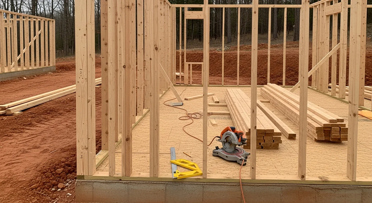 Wood stud wall framing in progress on a residential new build in Northwest Georgia, showing floor plates, vertical studs, and header assemblies before sheathing is applied. A general contractor reviews framing layout on a slab-on-grade foundation typical of the Northwest Georgia region.