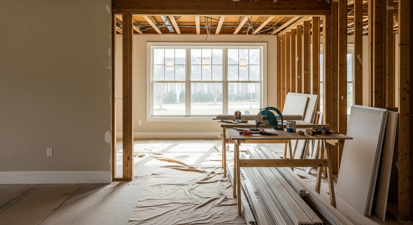 Interior demolition in progress inside a Northwest Georgia home, with drywall removed and wood framing exposed in a gutted room. A cleared concrete subfloor and open wall cavities show the space ready for renovation by J 316 Construction LLC.
