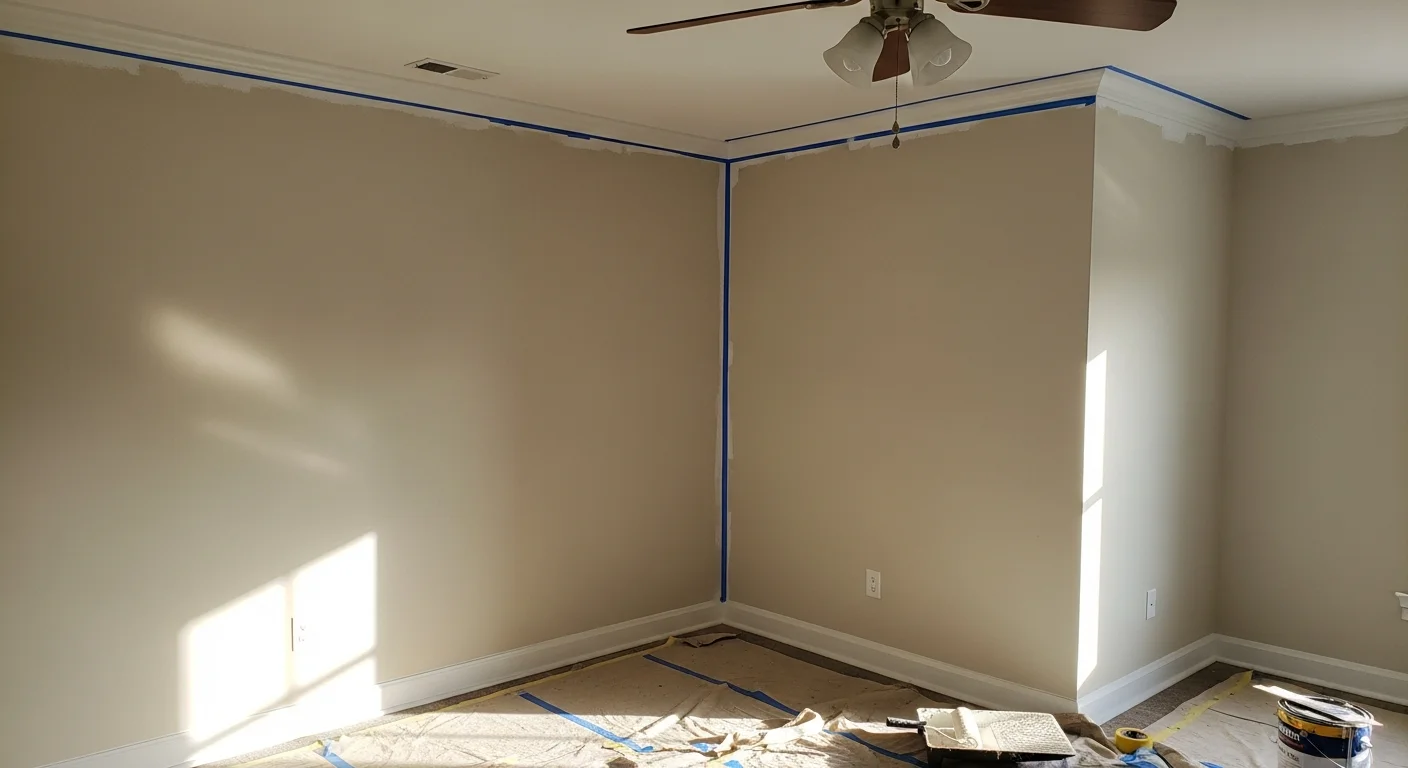 A freshly painted interior living room in a Northwest Georgia home, showing smooth, even walls in a neutral tone with clean white trim. Natural light from a side window highlights the consistent coverage across the wall surface.