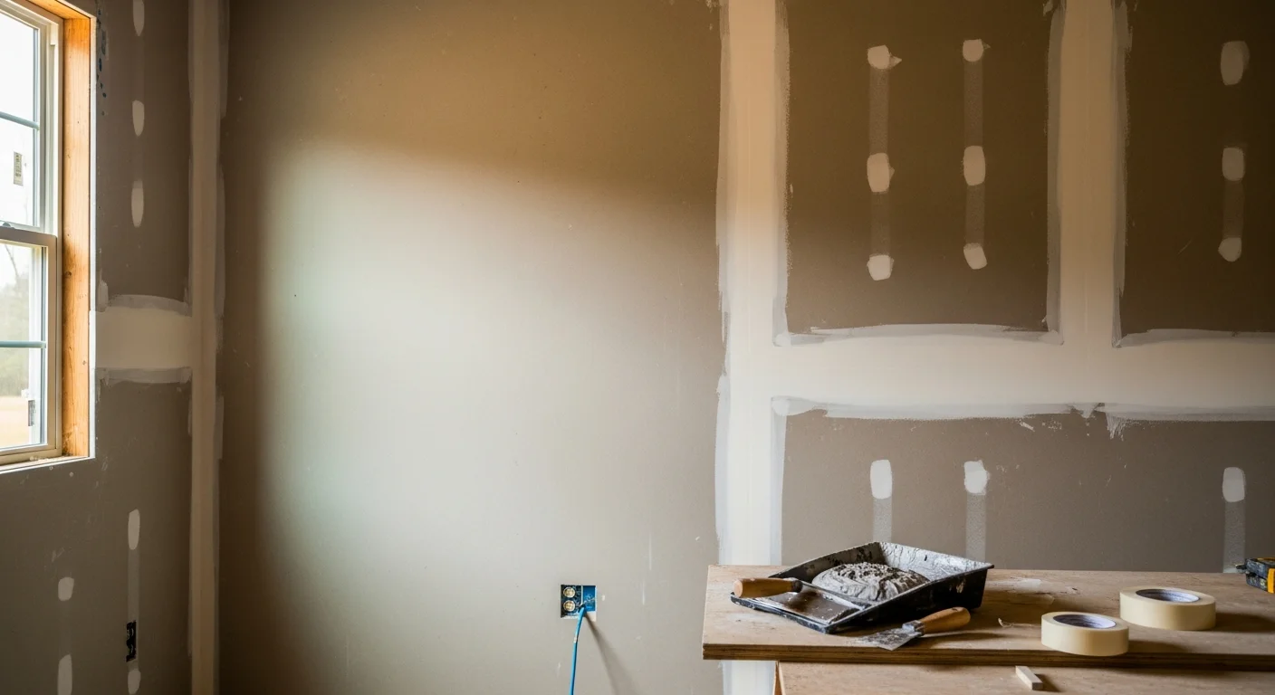 Freshly finished interior drywall walls in a Northwest Georgia home, showing smooth taped seams and paint-ready surfaces in a newly framed room addition. A J 316 Construction LLC crew member inspects the wall finish before final sanding.