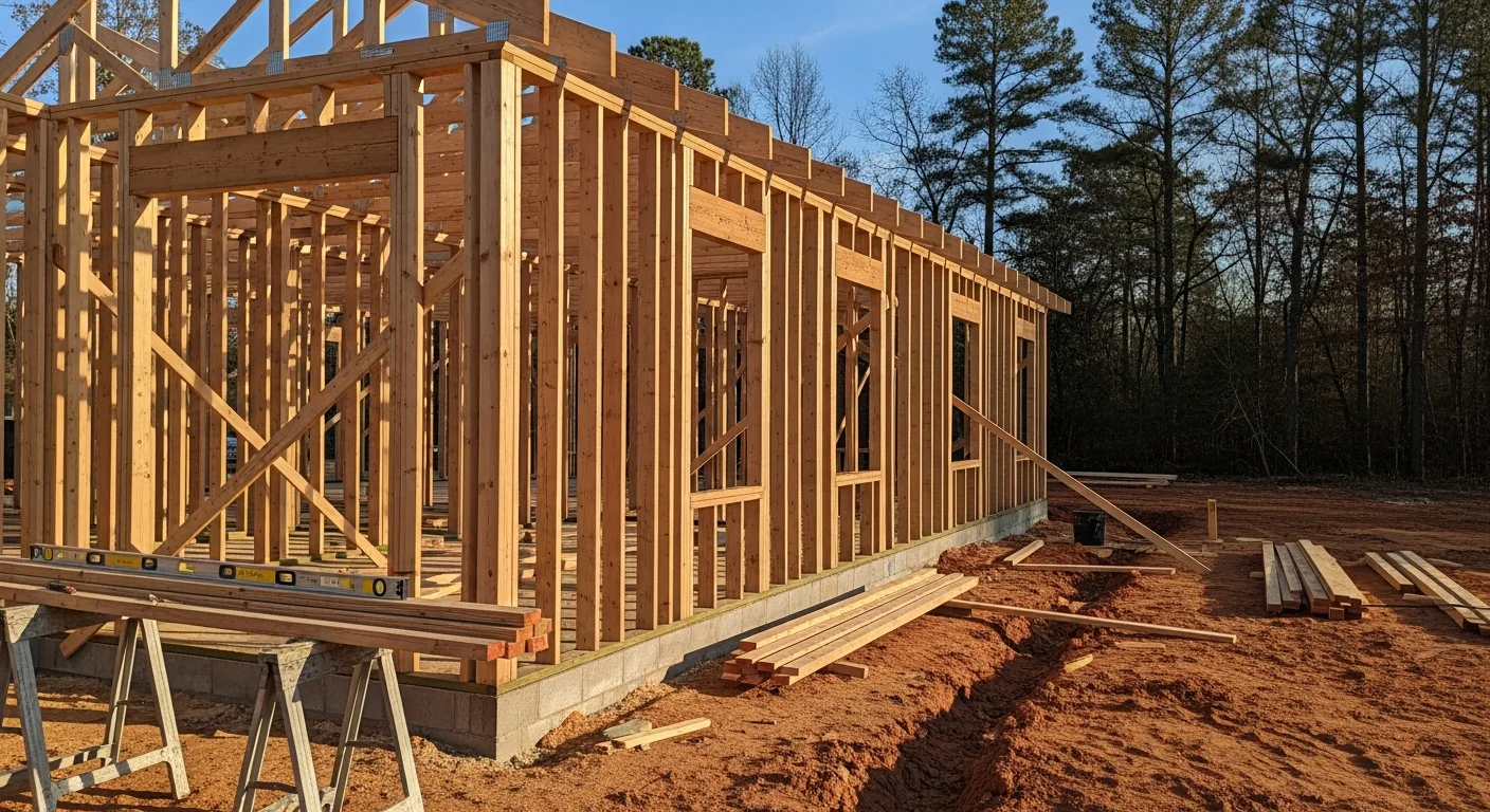 A newly framed single-family home under construction on a residential lot in Northwest Georgia, with exposed wood framing and a concrete foundation visible against a backdrop of Georgia tree lines. A general contractor reviews structural plans on site during the active build phase.