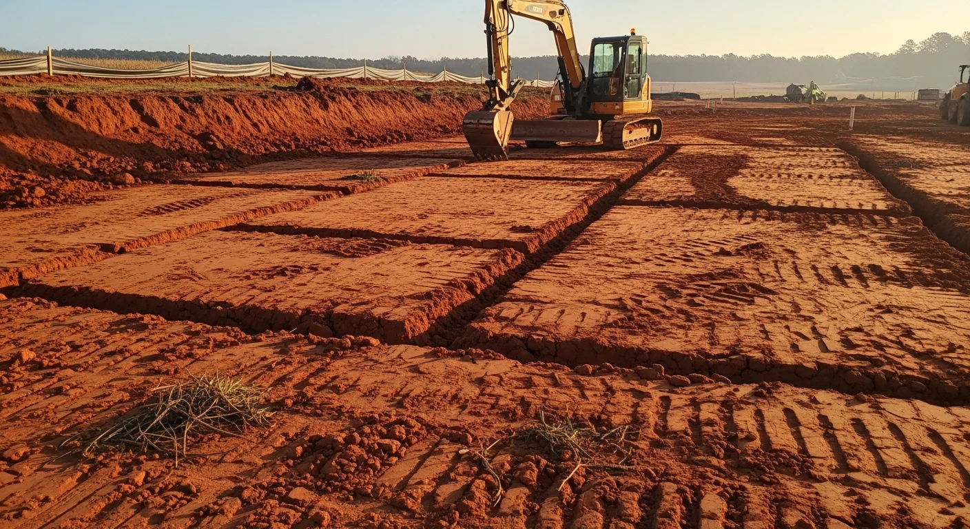 A Northwest Georgia building lot after site preparation, showing cleared and graded flat ground with visible compacted sub-grade and silt fencing along the perimeter. Surrounding wooded hillside terrain is visible in the background, typical of the Northwest Georgia landscape.