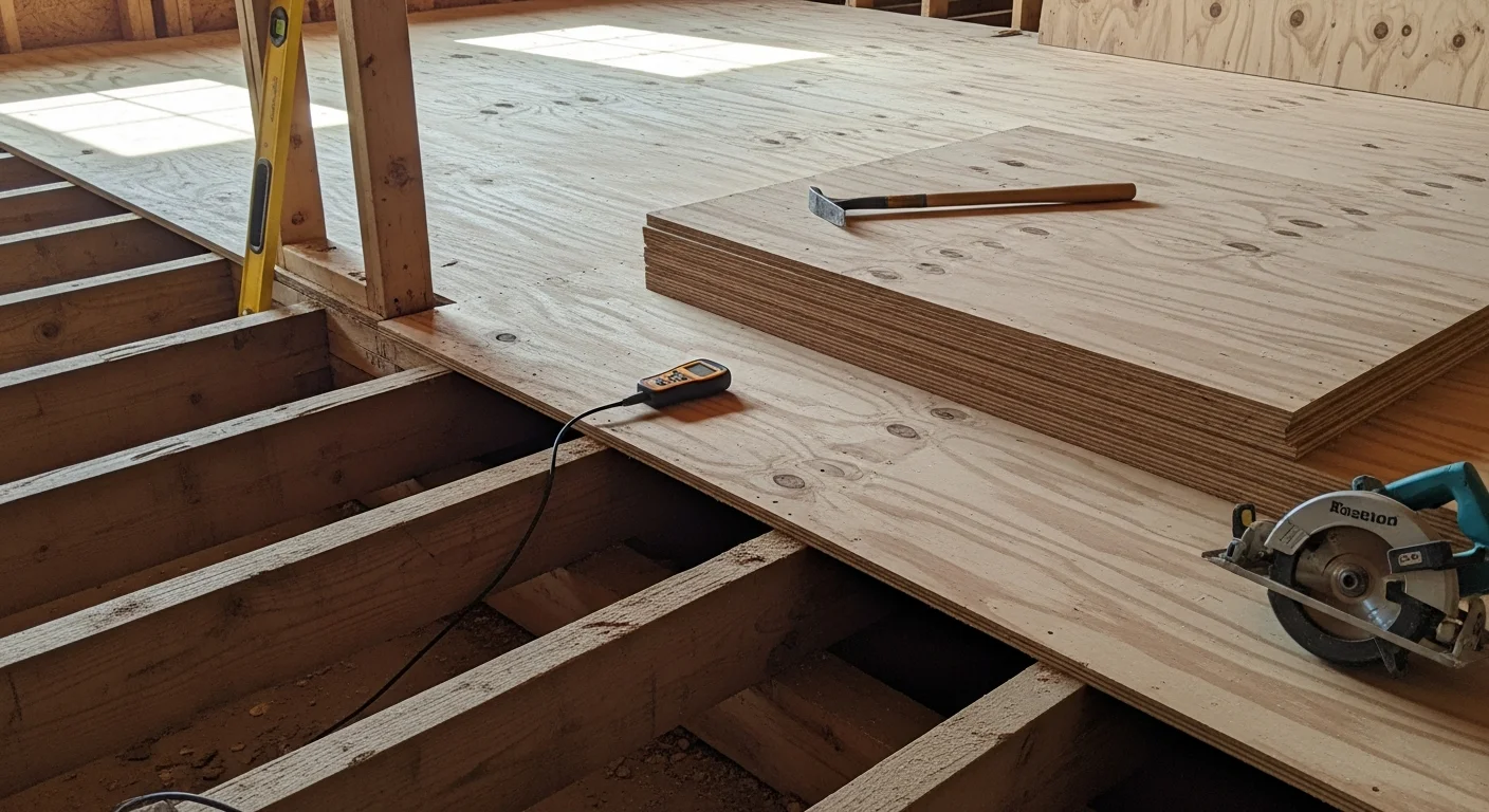 A Northwest Georgia flooring contractor installing new subfloor panels in a residential home with exposed floor joists visible below. The work area shows replaced plywood sections fitted flush and level across the floor frame.