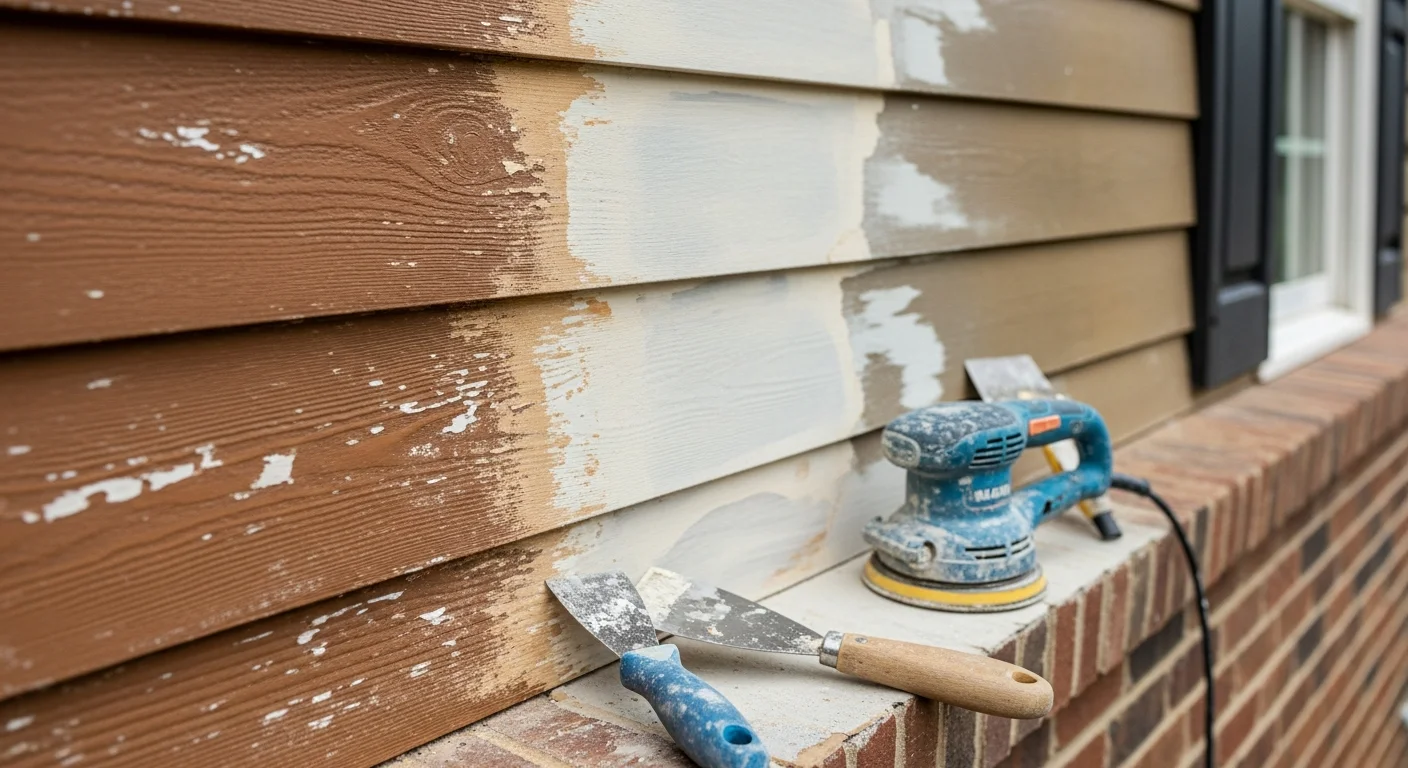 A painting contractor scraping and sanding weathered exterior wood siding on a residential home in Northwest Georgia before applying primer. Close-up view shows bare wood patches and cleaned surface ready for a new paint coat.