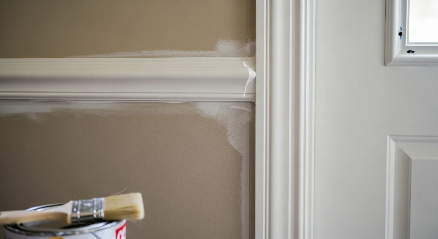 Freshly painted white interior trim and baseboards along a wall in a Northwest Georgia home, with clean edges where the trim meets the wall. Close-up view shows smooth, even coverage on a wood door casing after professional prep and painting.